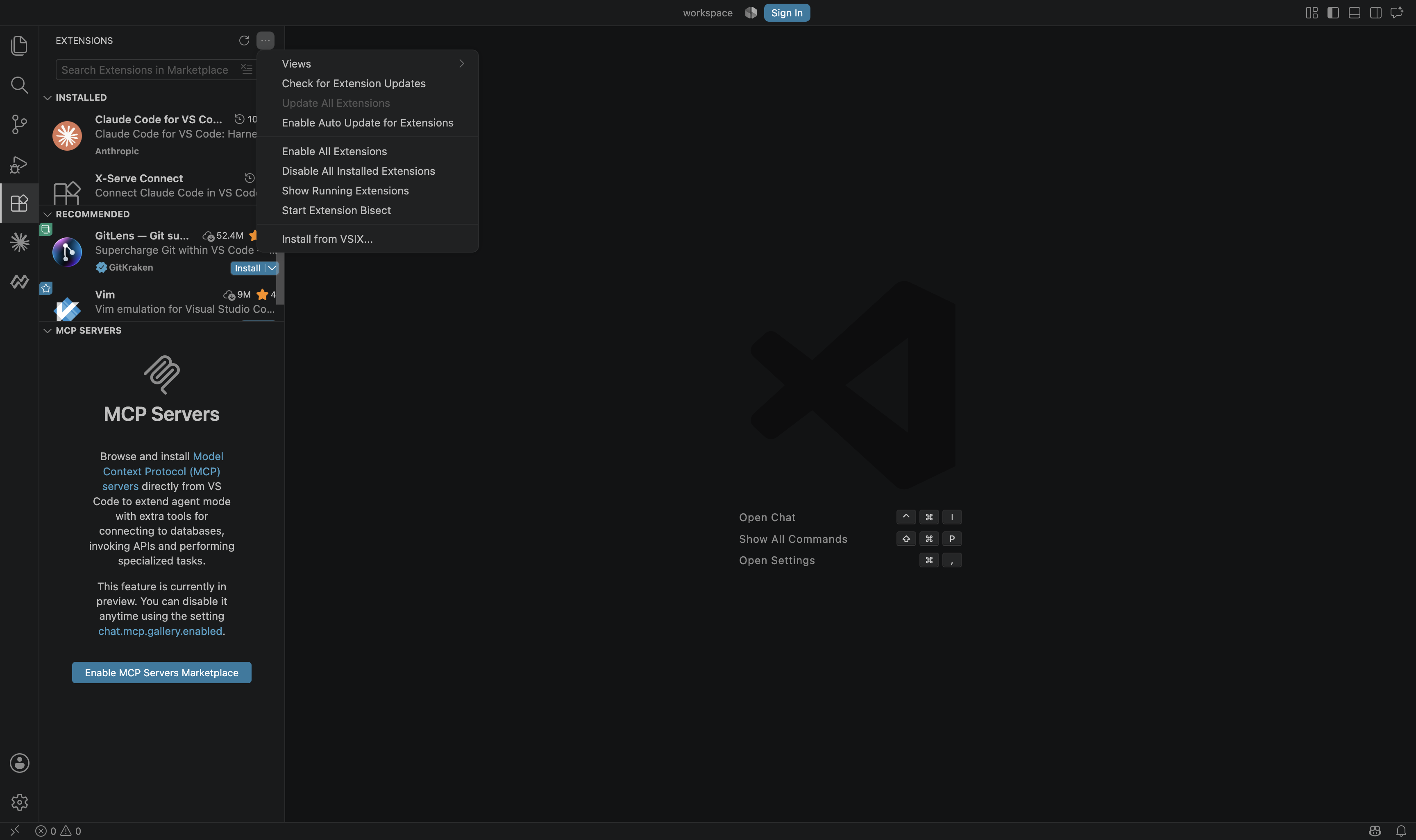 VS Code Extensions view with the "..." menu open and Install from VSIX highlighted